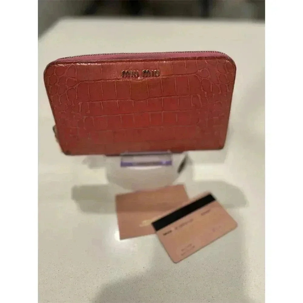 Miu Miu Women's Pink Zip-Around Wallet Crocodile Embossed Leather